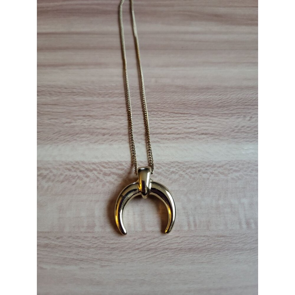 Gold Tone Horn Pendant Necklace Crescent Moon - Picture 2 of 9